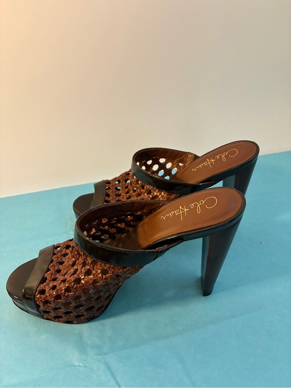 Cole Haan Women High Heels Woven Leather Mules Sandals Sz 8 B Stephanie Brown